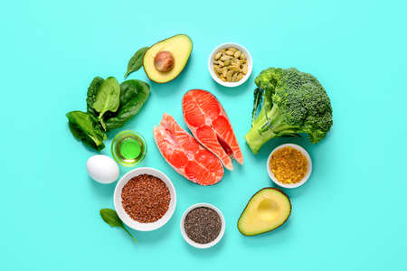 Healthy food products which are rich source of Omega3 fats, healthy eating concept, view from aboveの写真素材