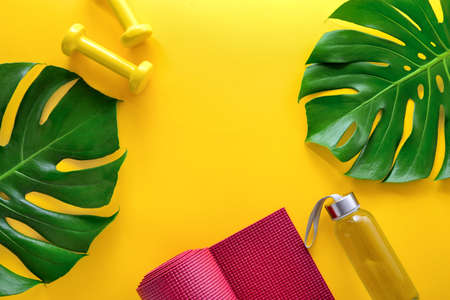 Yoga or fitness workout concept, fitness or weight loss activities background, flat lay composition, blank space for a textの写真素材