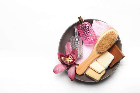 Luxury hygene set with natural soap and bath lotions for spa treatment, top viewの写真素材
