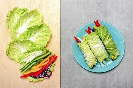 Napa cabbage spring rolls cooking concept, flat lay minimal compositionの写真素材