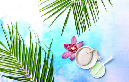 Summer spa tropical resort background, flat lay compositionの写真素材
