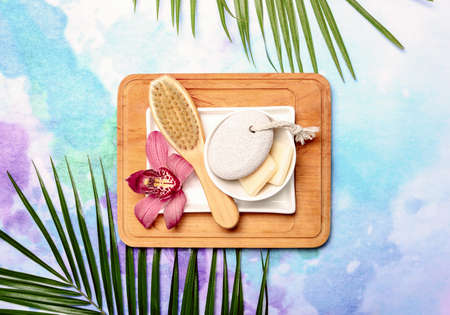 Summer spa tropical resort background, flat lay compositionの写真素材