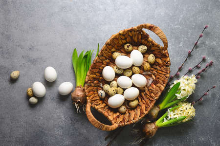 Naturally styled Easter basket decoration, view from aboveの写真素材