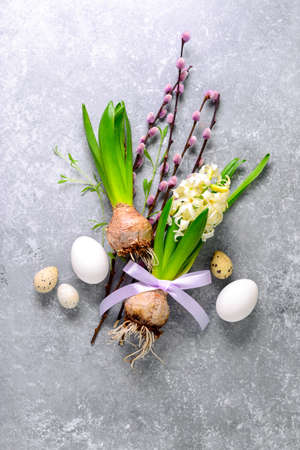 Floral simple natural decorative Easter composition, greeting card mock-up, view from aboveの写真素材