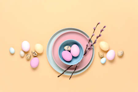 Easter table setting, minimalistic home decor concept, flat lay compositionの写真素材