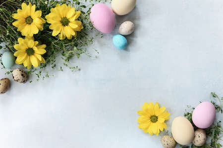 Easter greeting card template with blank space for a greeting text, flat lay composition