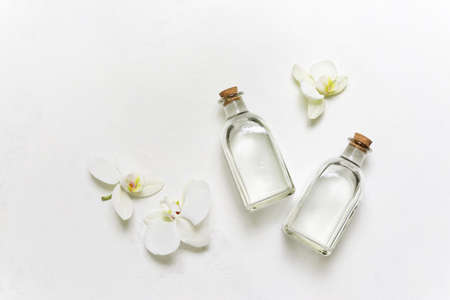 Spa natural cosmetic concept, face or body lotion bottled, flat lay compositionの写真素材