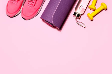 Yoga or fitness workout equipment background, view from above, blank space for a textの写真素材