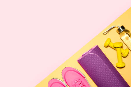 Yoga or fitness workout equipment background, view from above, blank space for a textの写真素材