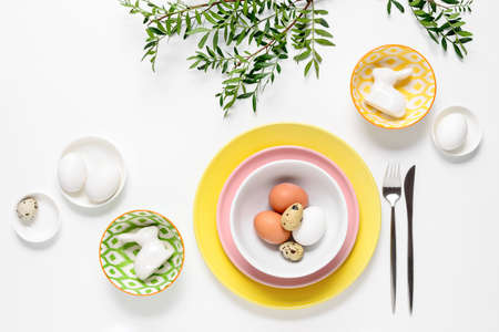 Easter table setting decoration concept, view from aboveの写真素材