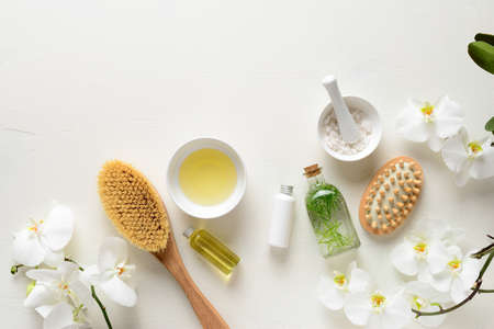 Spa products for relaxing and skin care treatment, flat lay beauty background with copy space for a textの写真素材