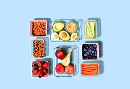 Flat lay healthy food lunch boxes conceptの写真素材