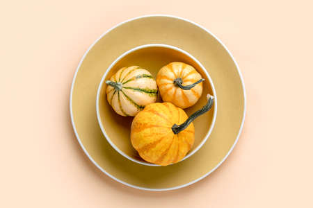 Autumn pumpkin decorative table setting, home decor concept, view from above