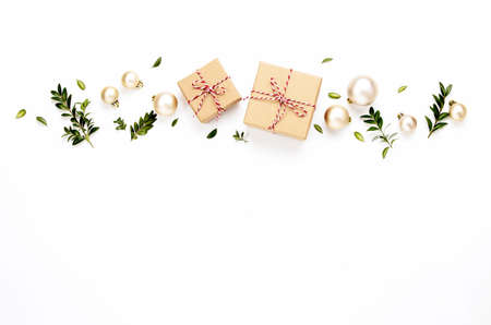 Christmas or New Year background with gift boxes and Christmas tree decorations, flat lay...