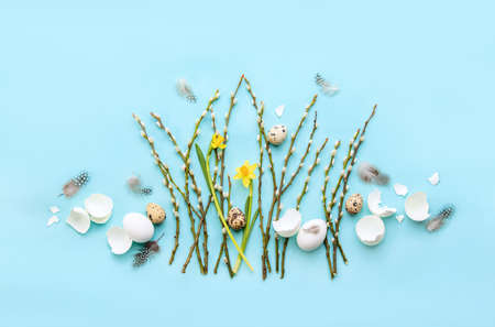 Easter greeting card or banner template concept, holiday botanical flat lay arrangement