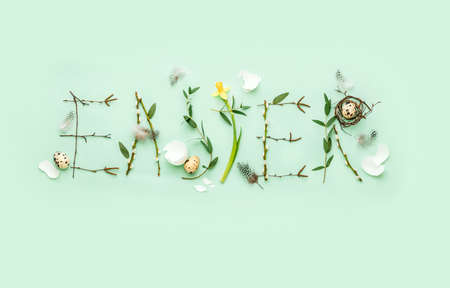 Easter holiday banner or flat lay botany natural floral decorative typography greeting conceptの写真素材