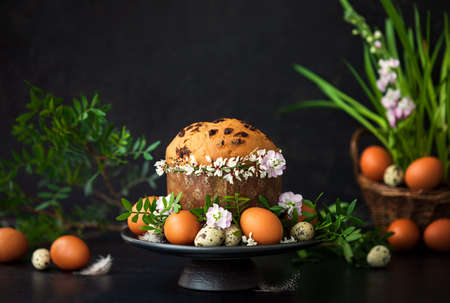 Home baked traditional Easter bread or Paska decorated for festive table, front viewの写真素材
