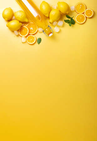 Summer homemade lemonade ingredients overhead view, background with copy space for a text, culinary recipe conceptの写真素材