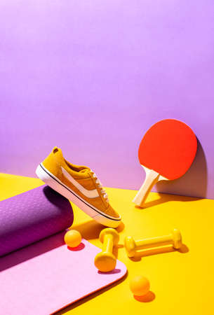 Sports activity equipment concept, fitness banner, or template with copy space for a text