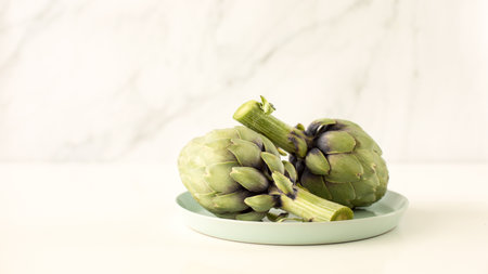 Fresh spring season produce on a plate, front view of two artichokes ready for healthy cookingの写真素材
