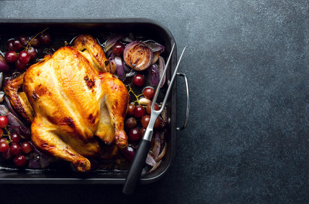 Freshly cooked oven fried chicken or turkey in a dark baking tray, top-down view, copy space for a textの写真素材