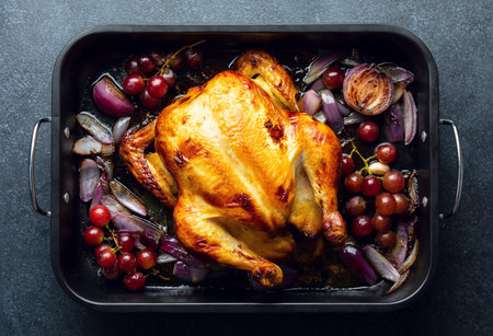 Fried chicken or turkey in a dark baking tray ready to eat, top-down viewの写真素材