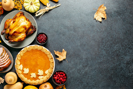 Thanksgiving traditional food for festive charity or family and friends dinner party, top-down view, blank space for a greeting textの写真素材
