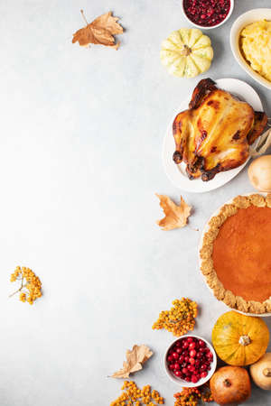 Thanksgiving traditional food menu background or festive dinner invitation template with copy space for a textの写真素材