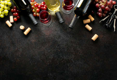 Wine season harvest collection for tasting, dark background with copy space for a textの写真素材