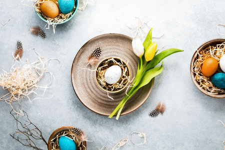 Easter composition with traditional decor, top down viewの写真素材