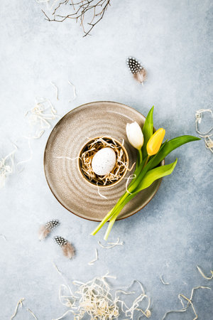 Easter composition with traditional decor and space for a greeting textの写真素材