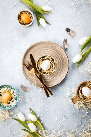 Easter table decor concept, view from aboveの写真素材