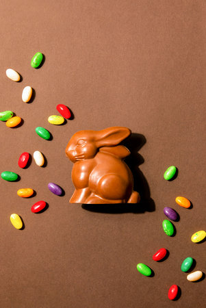 Easter chocolate bunny concept for greeting card or festive banner, copy space for a textの写真素材