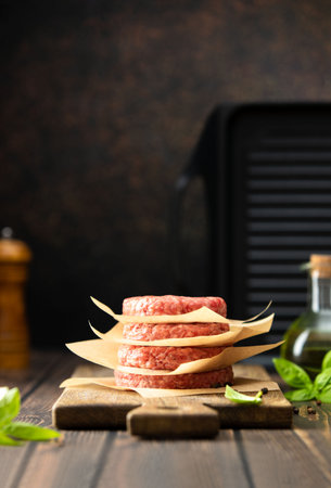 Raw beef patties put in stack ready for grilling, front viewの写真素材