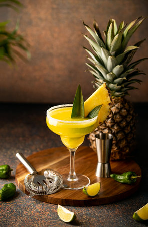 Pineapple jalapeno margarita cocktail concept, front viewの写真素材
