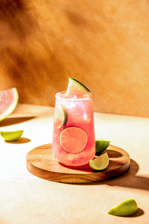 Watermelon vodka limeade, pink summer long drink cooler concept, front view of ready-to- drink cocktail  standing on a  bar counter lit by a sunshineの写真素材