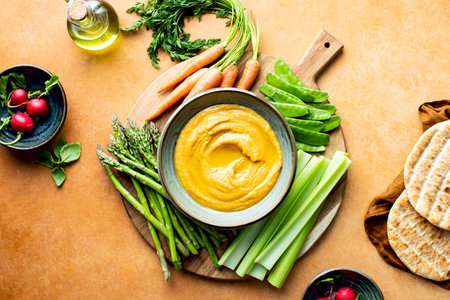 Chickpea hummus served with spring vegetables, top down viewの写真素材