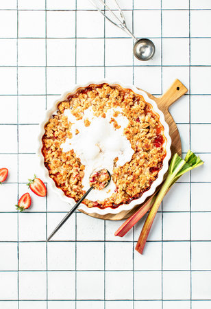 Rhubarb and strawberry cobbler ready to serve and to eat, top down viewの写真素材