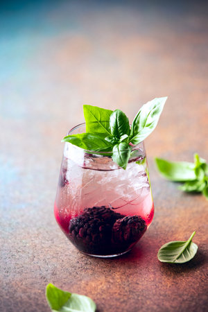 Bramble liqueur and gin alcohol cocktail, garnished fresh basil leavesの写真素材