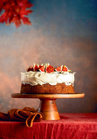 Fall homemade ginger and cinnamon cake with figs and whipped hard cream topping, front viewの写真素材