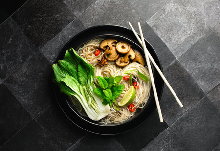 Vegan bok choy and mushrooms noodle soup, view from aboveの写真素材