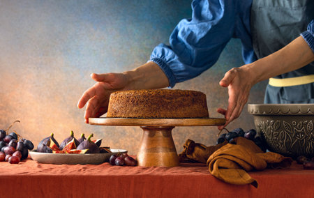 Woman is preparing fall pumpkin spice sponge cake for decorating it with figs on buttercream toppingの写真素材