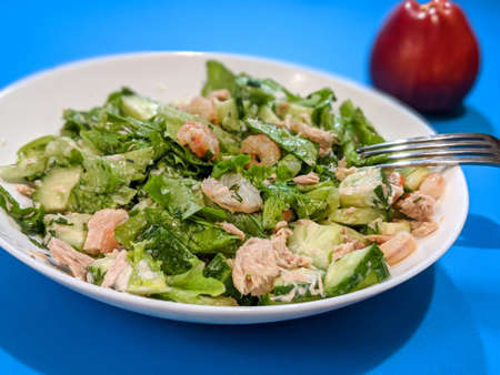 green salad with shrimp and tunaの写真素材