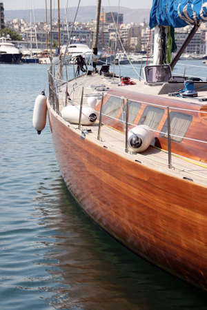 detail from luxurius wooden sailing yacht at marina の写真素材