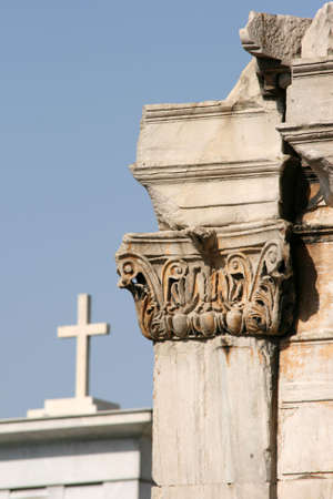 detail from Hadrian's Arch with christian cross background  landmarks in Athens greeceの写真素材