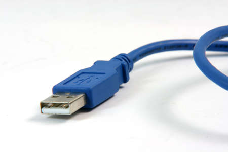 blue usb cable closeup white background