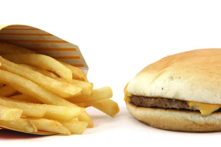 french fries and cheeseburger  detail on white backround food conceptsの写真素材