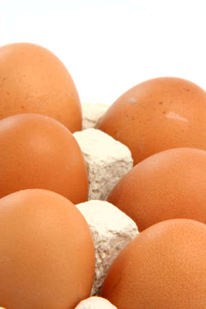 six eggs in cartonbox isolated on white background with copy space