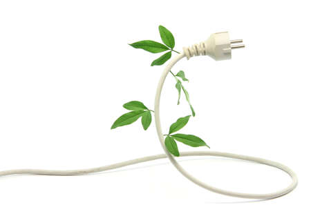 green energy ecological concepts power plug and cable with green leaves isolatedの写真素材