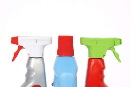 cleansing tools bottle and sprayers detail isolated with copy spaceの写真素材